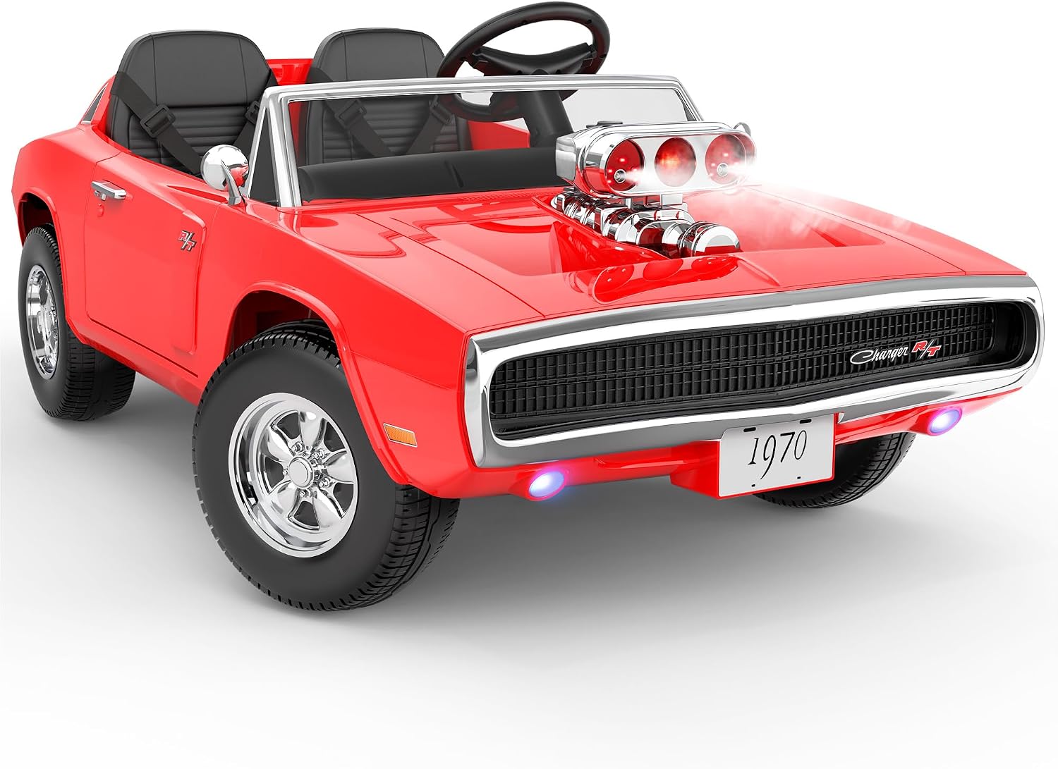 First Ride On 24V 2 Seater Electric Car for Kids, Licensed 1970 Dodge Charger R/T Muscle Car w/Hood-Mounted Supercharger with Mist Spray, 2x120W Motors, Remote Control, LED Lights, Bluetooth (Red)