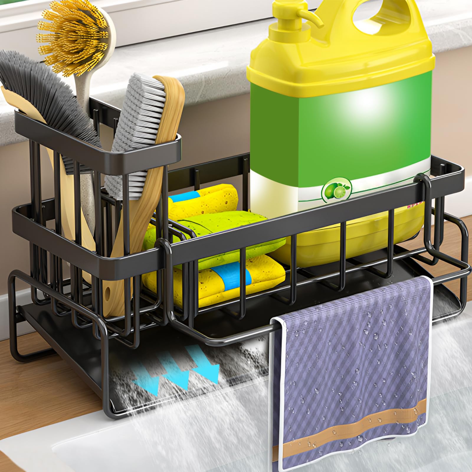 HTTYHT Organizador de Fregadero Cocina Colgador con 4 Ganchos Adhesivos Almacenamiento Soporte de Esponja Fregadero Escurridor Estropajos Fregadero para Colgar Organizador Estropajo y Bayeta - Negro