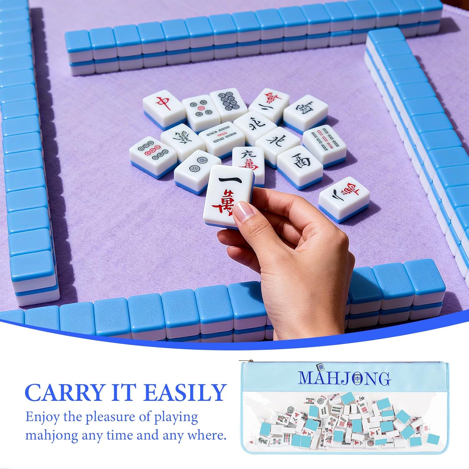 ALANGDUO Mahjong Tile Bag, Empty Mahjong Bags for Tiles and Racks, Large Capacity Storage for American Mahjong Tiles with Metal Zipper and Letters (Blue)