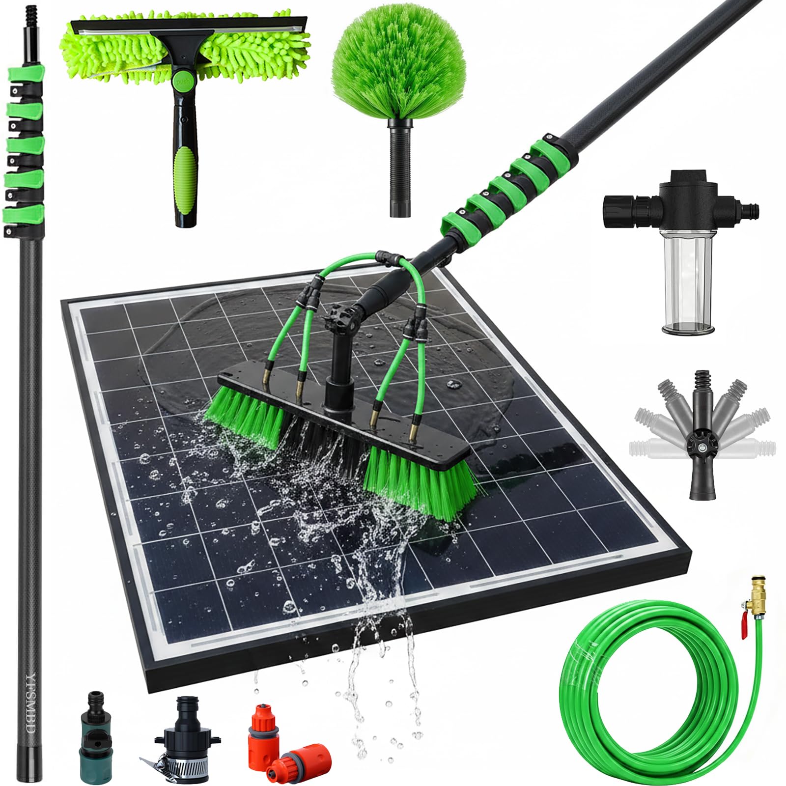 Carbon Fibre Telescopic Water Fed Pole 33ft Washing Kit: Cleaning Brush, Squeegee, Soap Dispenser, Cobweb Brush, 10m Extendable Pole & 20m Hose,Cleaning Solar Panels,Window,Roofs,Car, 50cm Brush