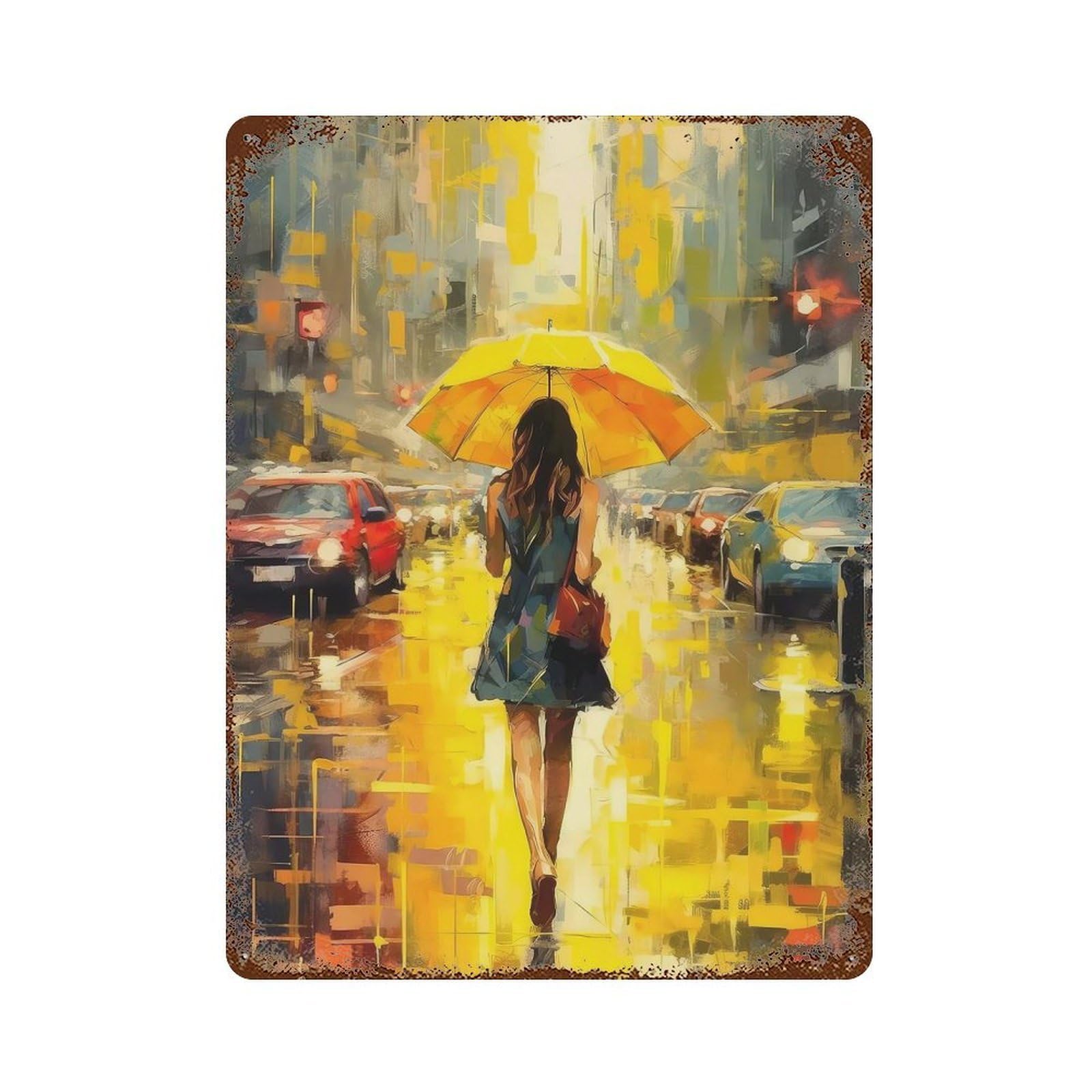 The Girl with Umbrella Weathered Tin Sign 15.7"x11.8", Shabby Chic Decor for Garage, Pub Or Kitchen
