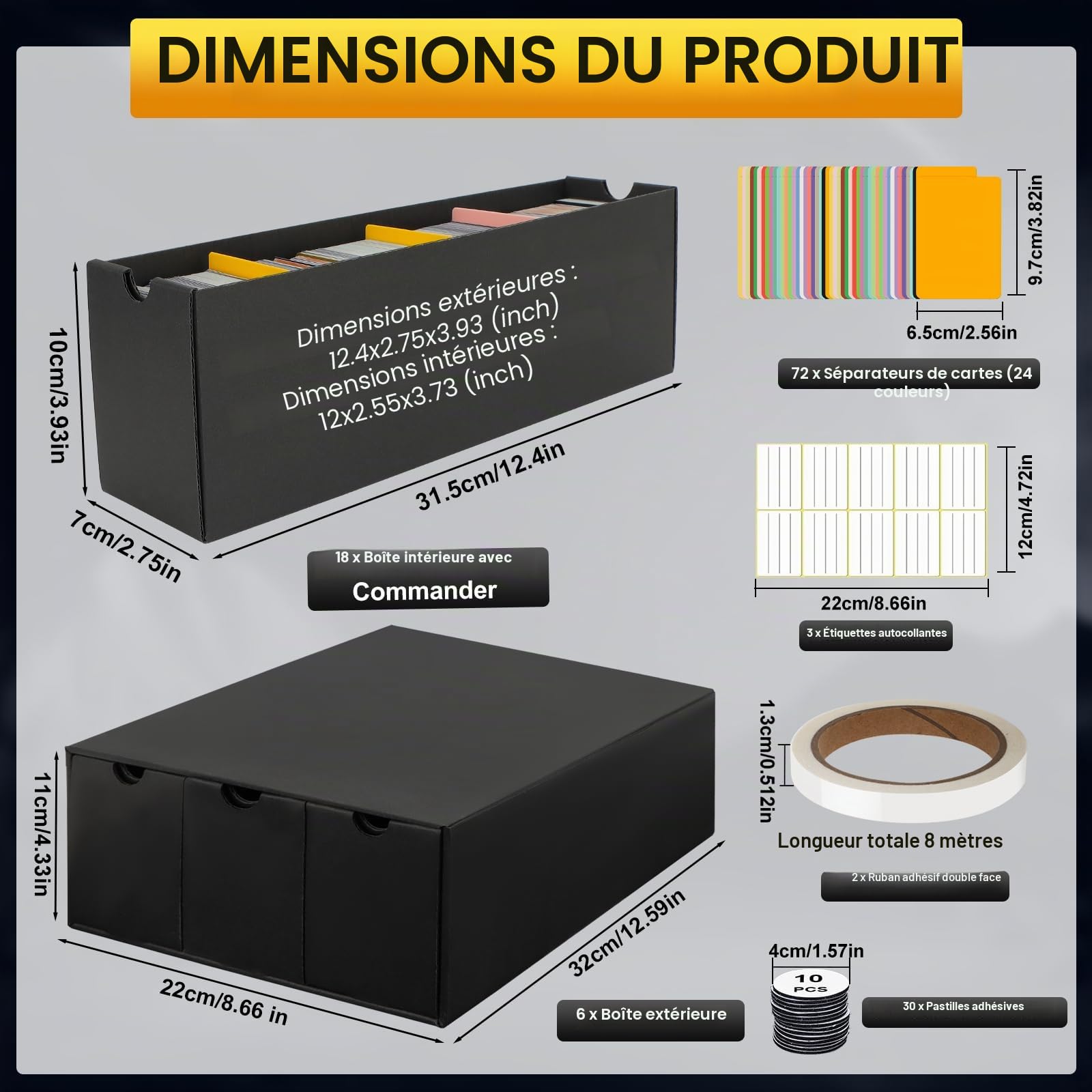 HIMOMO Boîte de Rangement pour Cartes à Collectionner 18000+ Cartes, Organisateur de Cartes avec 60 Diviseurs, Boîte pour Cartes TCG, MTG, PTCG avec Étiquettes et Ruban Adhesif