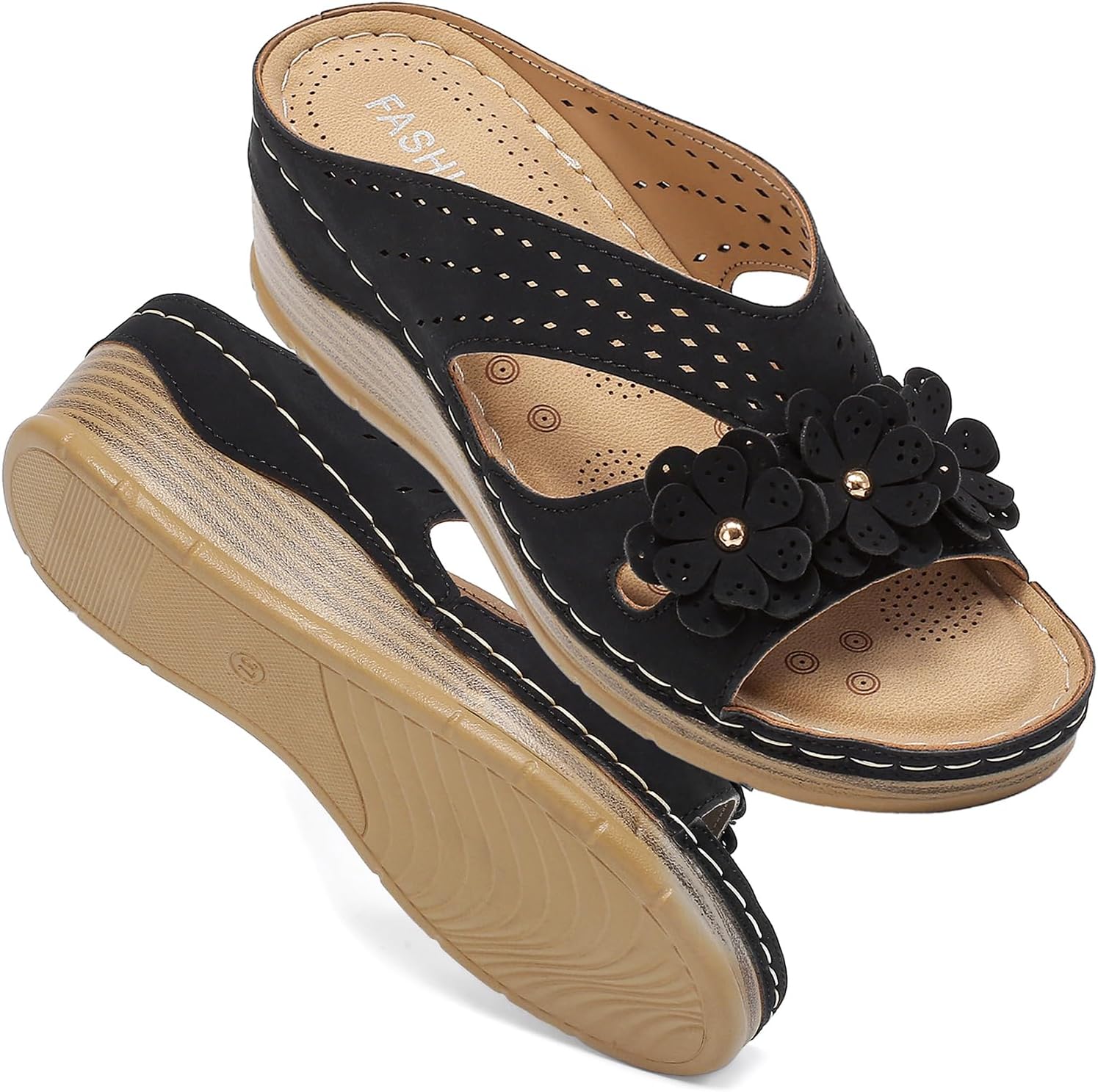 Wedge Sandals for Women, Casual Comfortable Walking Slip on Slides, Open Toe Leather Platform Sandal, Arch Support Chunky Summer Dressy Shoes Lightweight Memory Foam Hollow Slippers