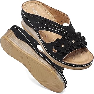 Wedge Sandals for Women, Casual Comfortable Walking Slip on Slides, Open Toe Leather Platform Sandal, Arch Support Chunky Summer Dressy Shoes Lightweight Memory Foam Hollow Slippers