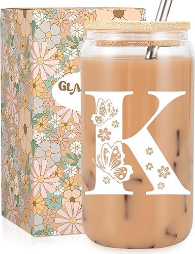 Miniatura 1 de Fairy's Gift Taza de café de vidrio con inicial con pajita, vaso de mariposa, vaso de vidrio de 16 onzas, bonita taza estética, personalizada, con