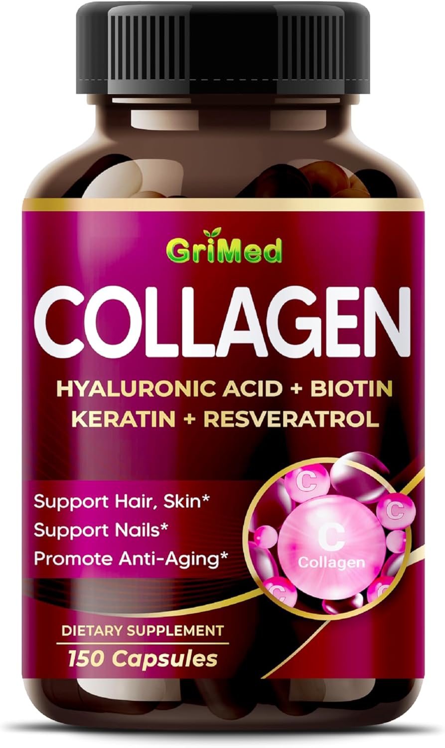 GriMed Organic Collagen 6,419 mg with Hyaluronic Acid, Biotin, Keratin, Resveratrol Hair Skin, Nails Vitamins – Made in The USA (150 Count (Pack of 1)) GriMed Organic Collagen 6,419 mg with Hyaluronic Acid, Biotin, Keratin, Resveratrol Hair Skin, Nails Vitamins – Made in The USA (150 Count (Pack of 1))