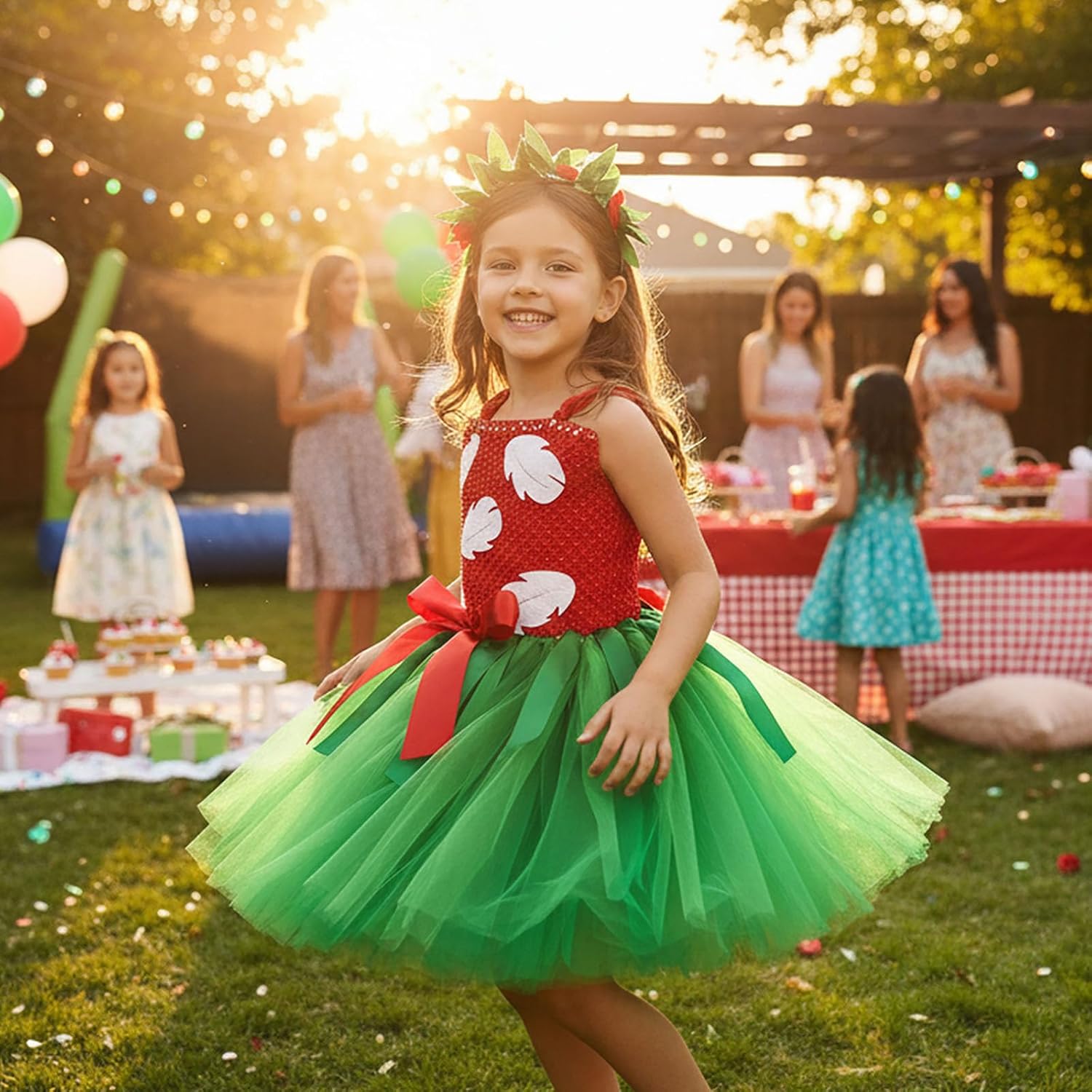 O'COCOLOUR Summer Hawaiian Tutu Dress for Girls 1-10Y with Tropical Fern Leaf Headband Birthday Party Gifts