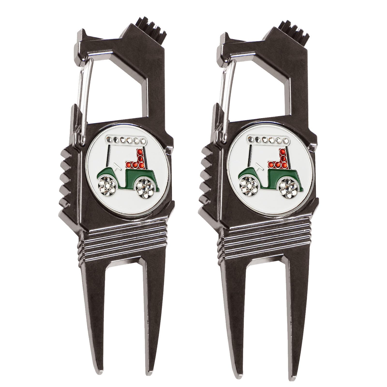 AXKAL Golf Divot Tool& Ball Marker 7-in-1 Function - Bottle Opener Groove Cleaner Clean Brush and Belt Clip 2 Pack, Portable & Useful Designed to Be the Ultimate Tool for the Green (Style D, Black)