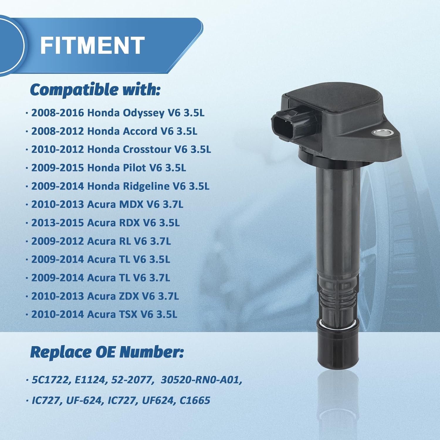 Set of 6 UF624 Ignition Coil Packs Compatible with 2008-2016 Honda Accord Odyssey Crosstour Pilot Ridgeline, Acura RDX RL TL MDX ZDX, 3.5L 3.7L V6, Replaces 30520-RN0-A01 E1124