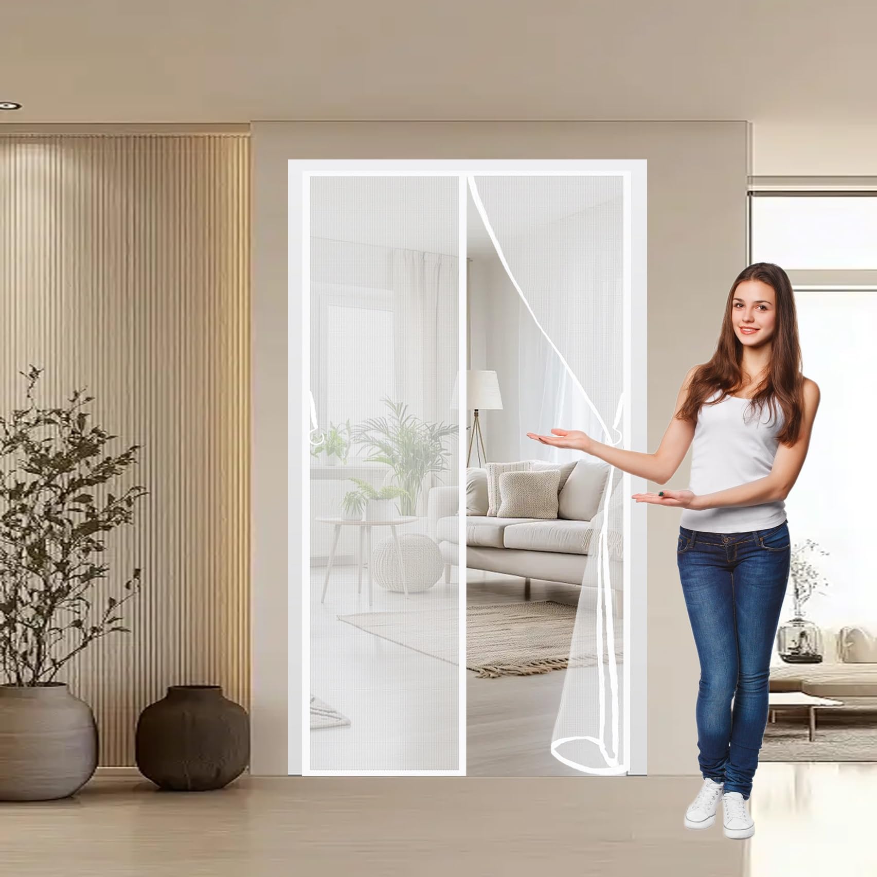 Chbin White Heavy Duty Bug Mesh Door 81 X 195 Cm Anti Mosquito, Keep Fresh Air In, Portable, Foldable, Custom Sizes, Magnetic Mosquito Net For Door For Double/French Doors,