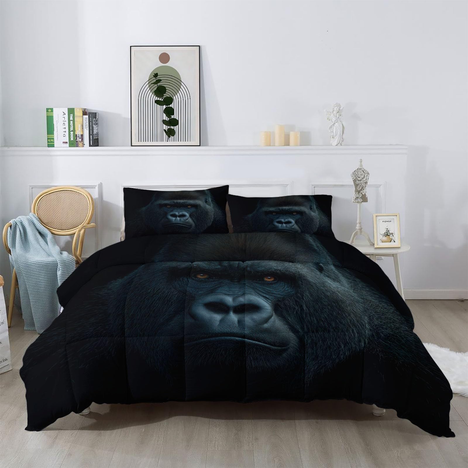 Letnia kołdra podwójna, nowoczesny goryl, cienka kołdra 4,5 Tog, wypełnienie 200 g/m², lekka kołdra, przyjazna dla skóry, 200 x 200 cm, można prać w pralce, do pokoju męskiego, czarna