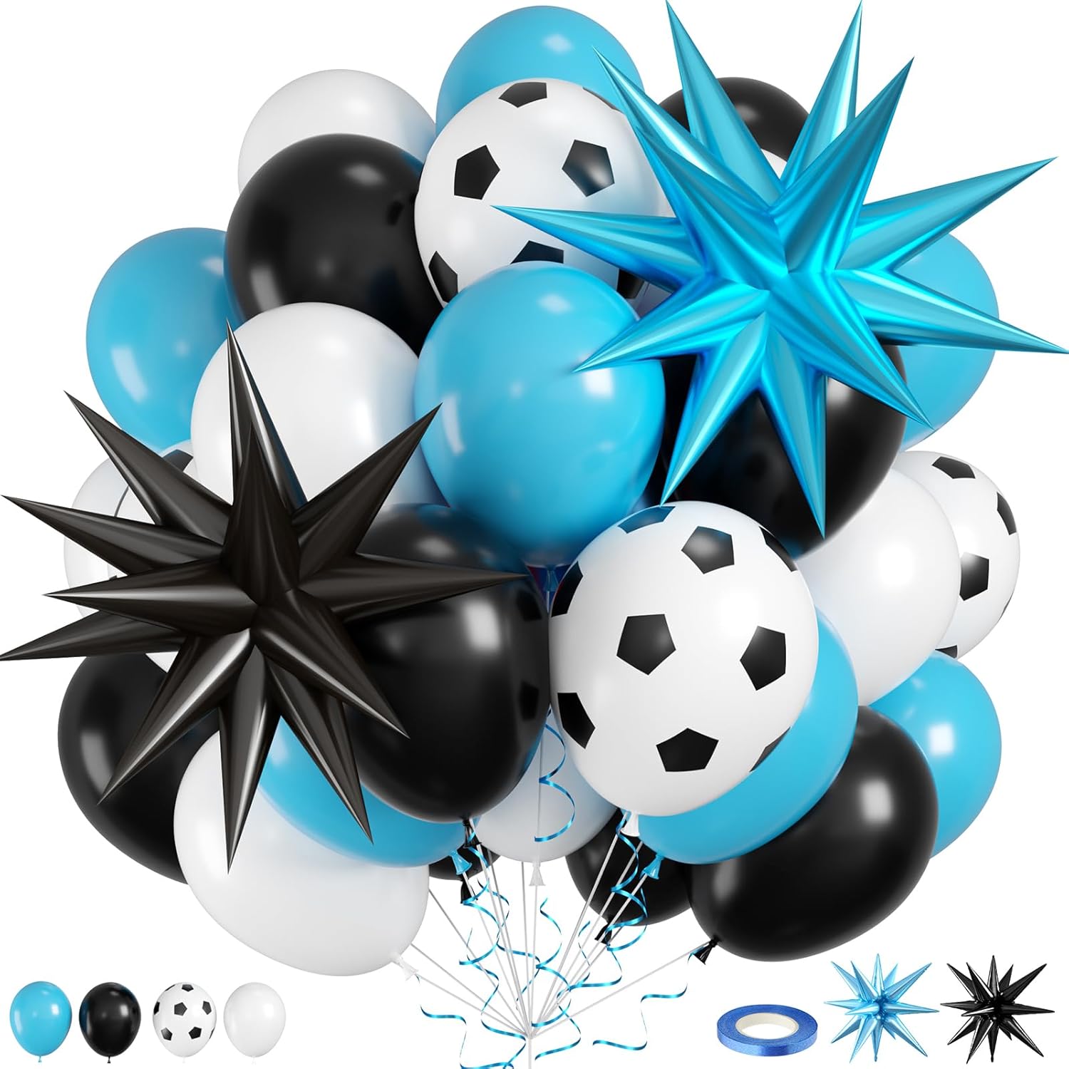 Soccer Balloons, 12inch Black Blue White Balloons, Football Printed Balloon With Black Light Blue Star Foil Balloon For Boys Men Soccer Football Sports Themed Birthday Party Baby Shower Anniversary
