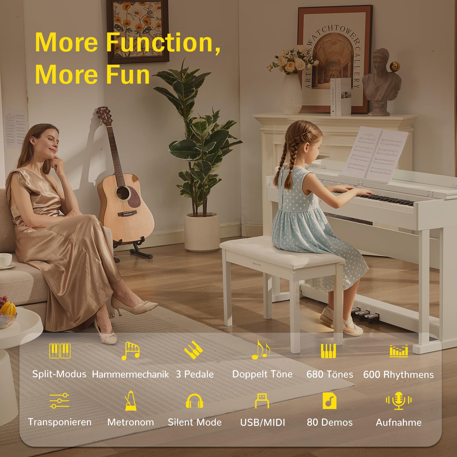 MUSTAR Piano électronique 88 touches avec mécanisme à marteaux, piano numérique, piano électronique avec 3 pédales, double système de contrôle, USB/MIDI, classique professionnel (Blanc)