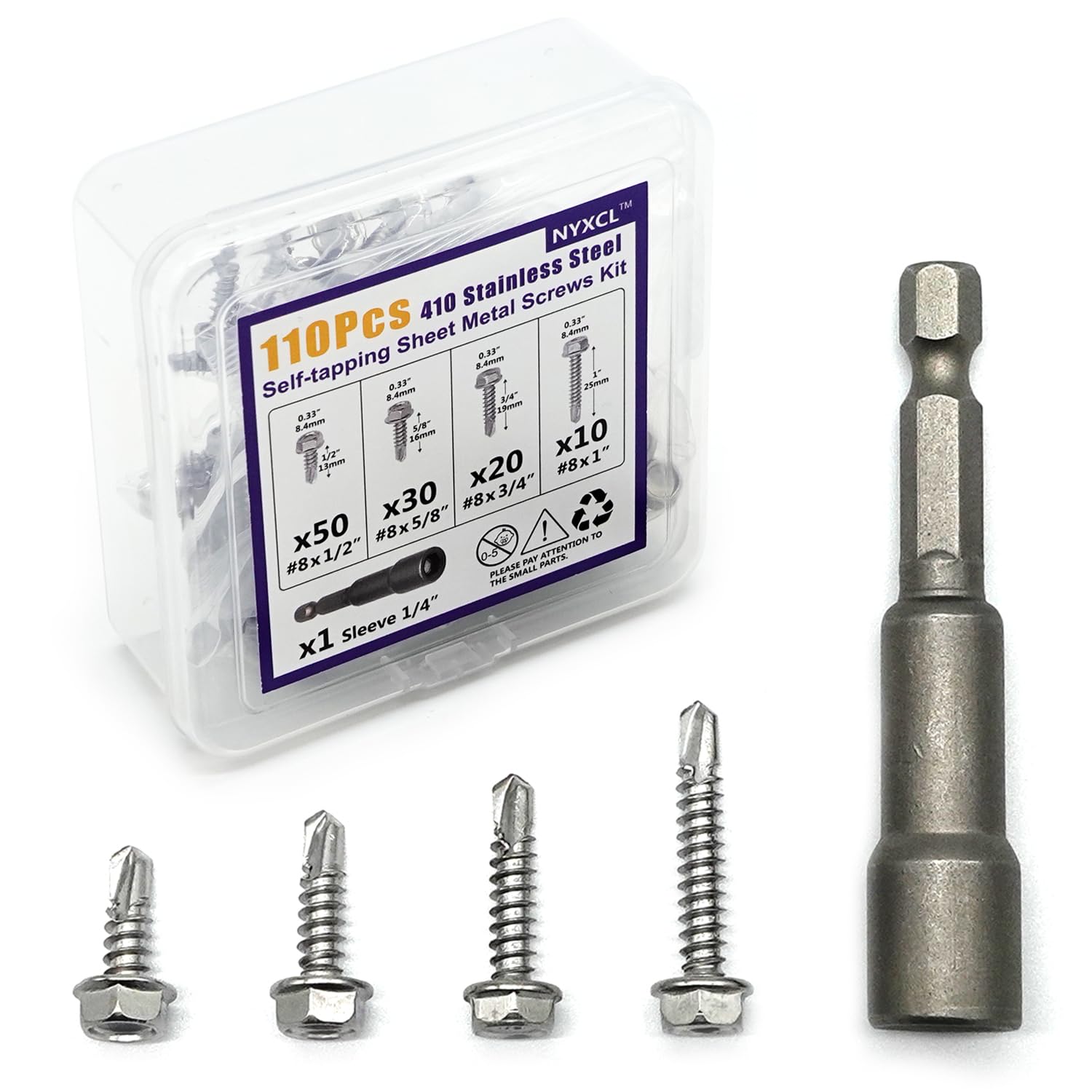 110PCS #8 Self Tapping Screws for Metal, Hex Washer Head 410 Stainless Steel Self Drilling Screws with Bit - No Pre-Drilling for Sheet Metal, Tin,