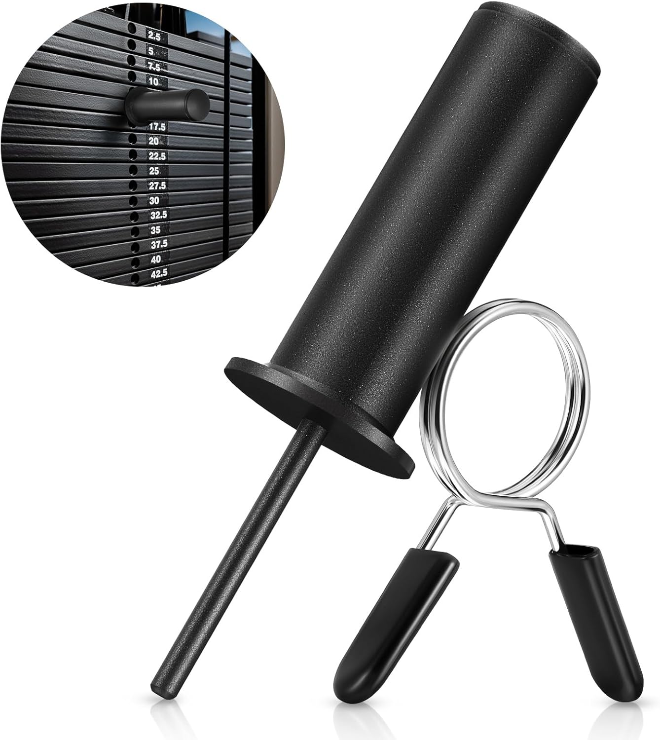 Lasnten Gym Pin with Spring Clip Collar Weight Stack Extender Pin for 2 inch Weight Plate Cable Strength Exercise Machine Gym Training Home Fitness Equipment (Black,1 Pcs)