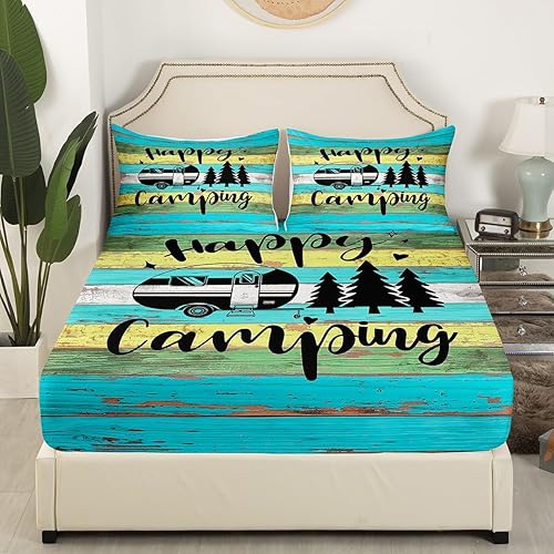 Vista 136 de Juego de sábanas para cámper tamaño matrimonial para niños y niñas, sábanas de madera para adolescentes de Happy Camping Farm, accesorios de Multi 04