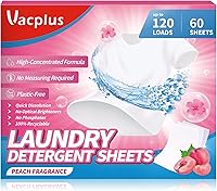 Vista 1 de Vacplus Hojas de detergente natural para ropa (120 cargas) 60 hojas de detergente a granel sin líquido con aroma a melocotón, tiras biodegradables
