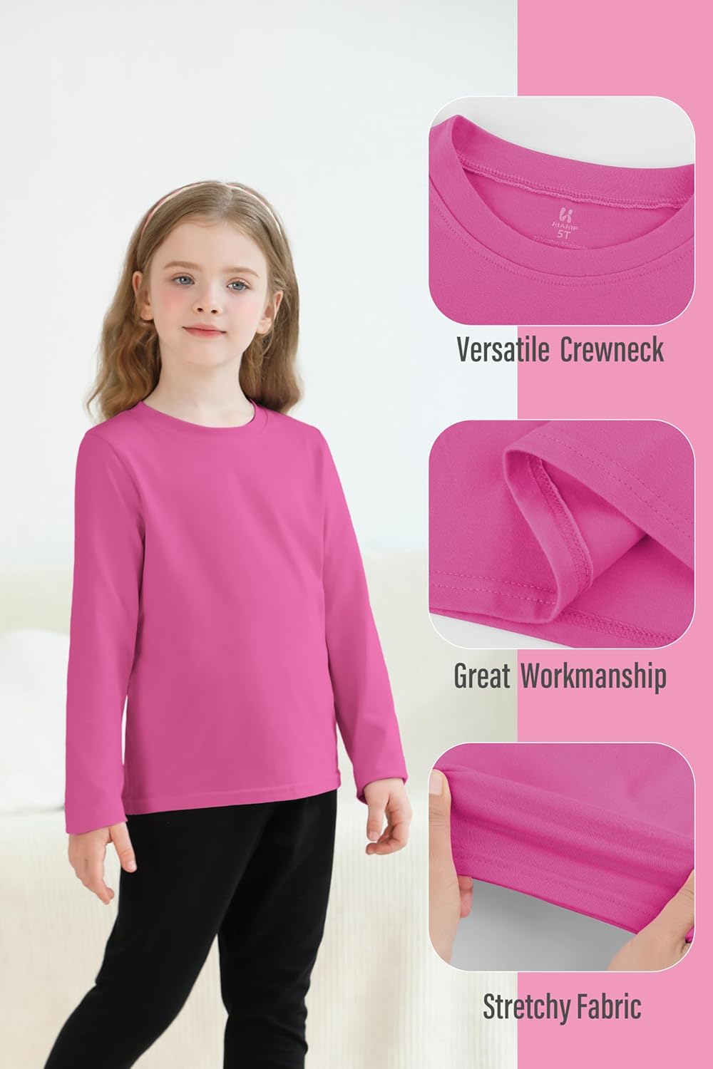 5 Pack Cotton Girls Long Sleeve Shirts Toddler Soft Basic T-Shirts Top Kids Crewneck Layering Tees - Image 6