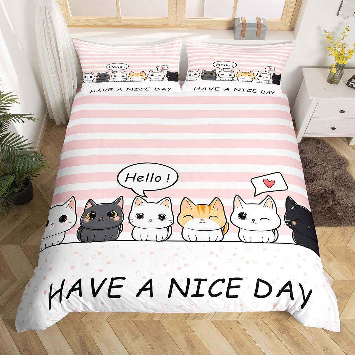 Loussiesd Cat Bedding Children'S Cute Pet Duvet Cover Super Extra Large Microfiber Girl'S Bedroom Decoration With 2 Pillowcases Cute Pet Bedding Stripes — image 1