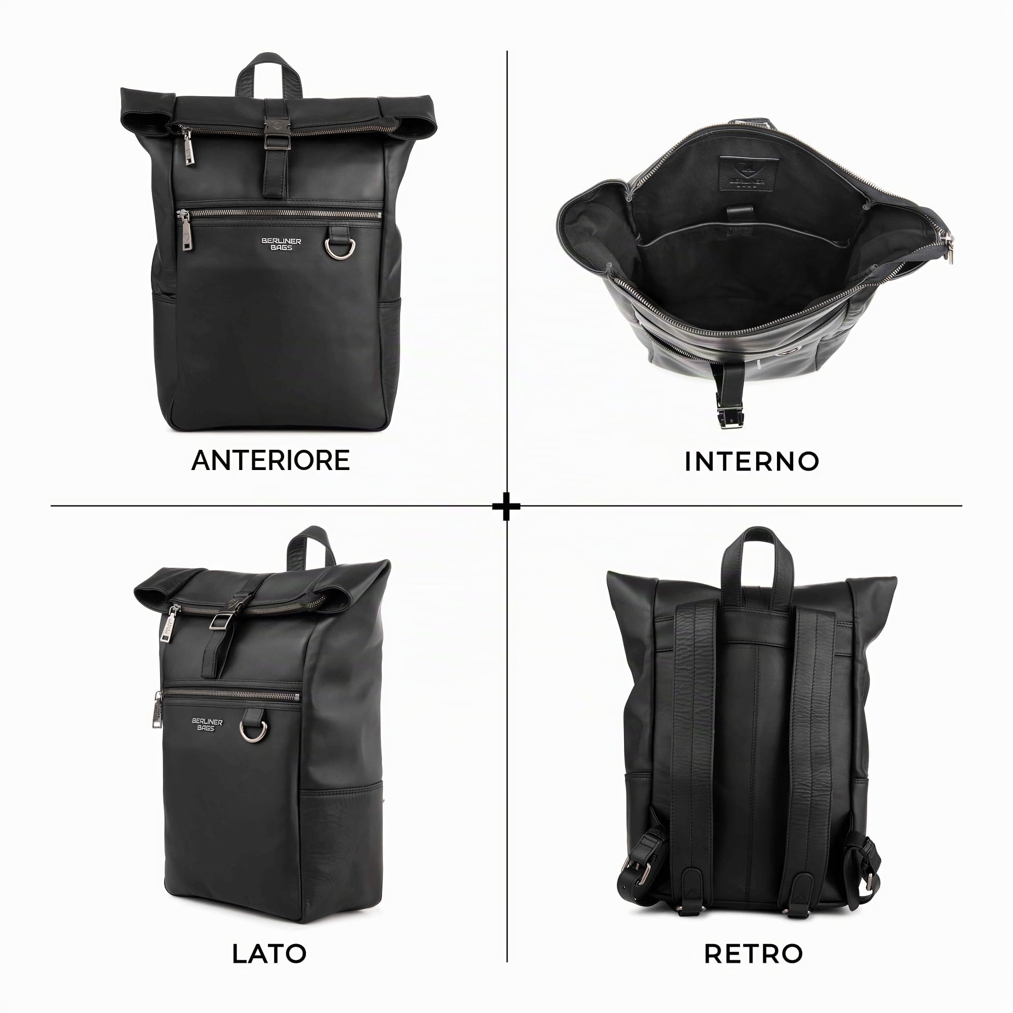 Berliner Bags Zaino Harlem in Vera Pelle, Zaino Rolltop Idrorepellente con Scomparto Laptop 15”, Zaino da Lavoro e Viaggio per Uomo e Donna – Nero