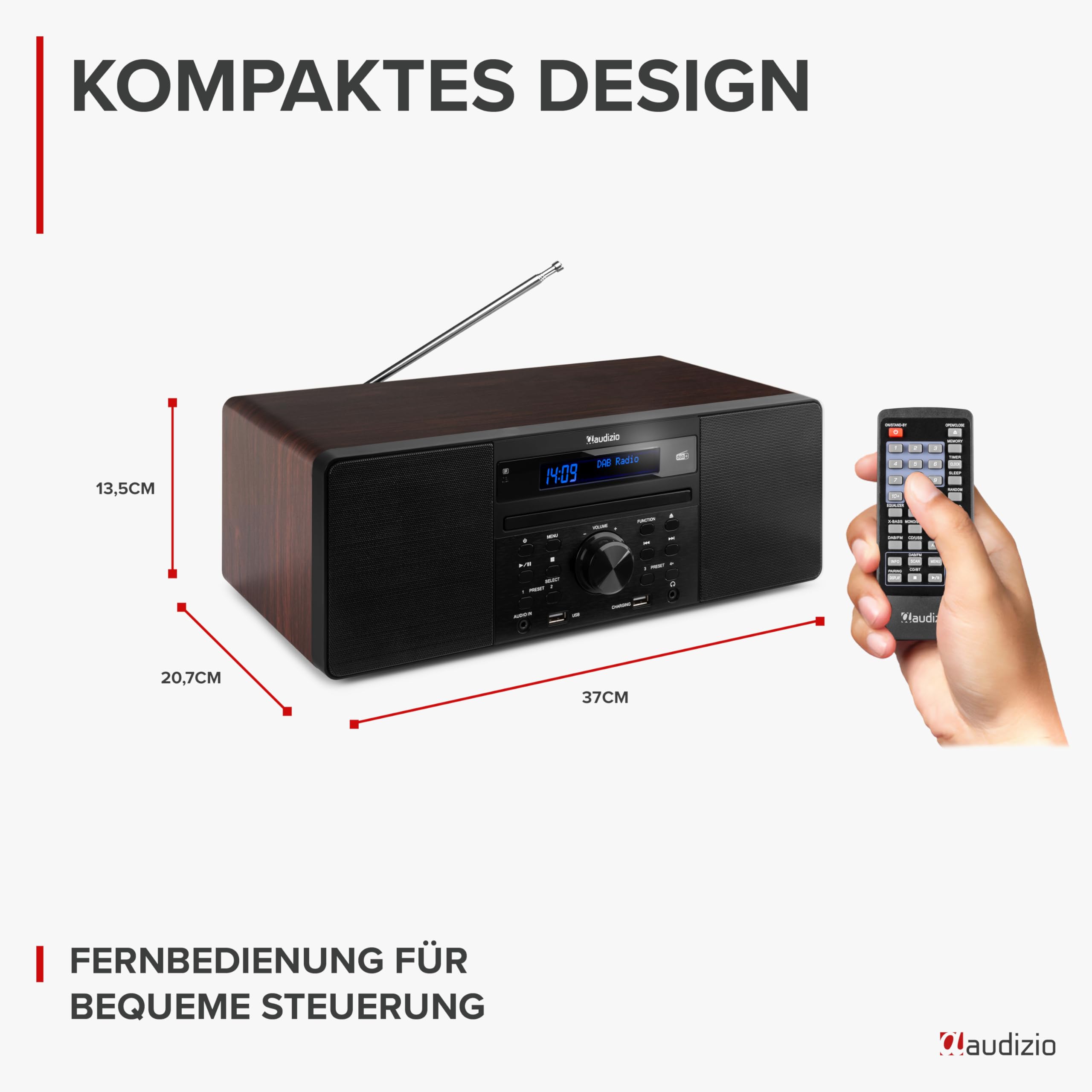 Audizio Prato - DAB Radio mit CD Player, MP3-Player, Bluetooth Radio, USB, DAB+, FM-UKW, Fernbedienung, Sleeptimer, Kompaktanlage mit Weckfunktion, Braun