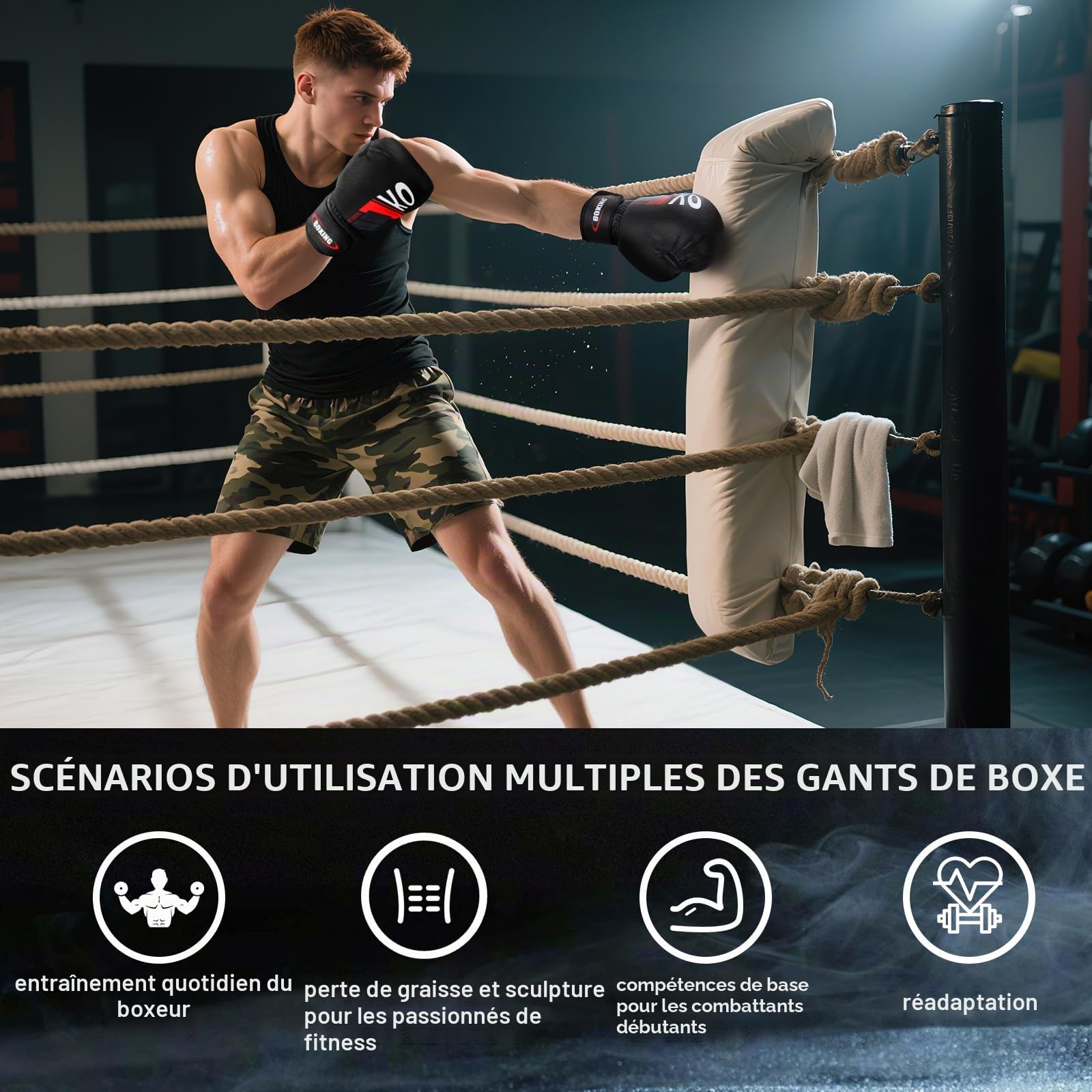 Gants de Boxe avec Paume Ventilée et Gants MMA Hommes Femmes Adultes pour Sac de Frappe Kickboxing, Gants d'Entraînement Muay Thai 14oz