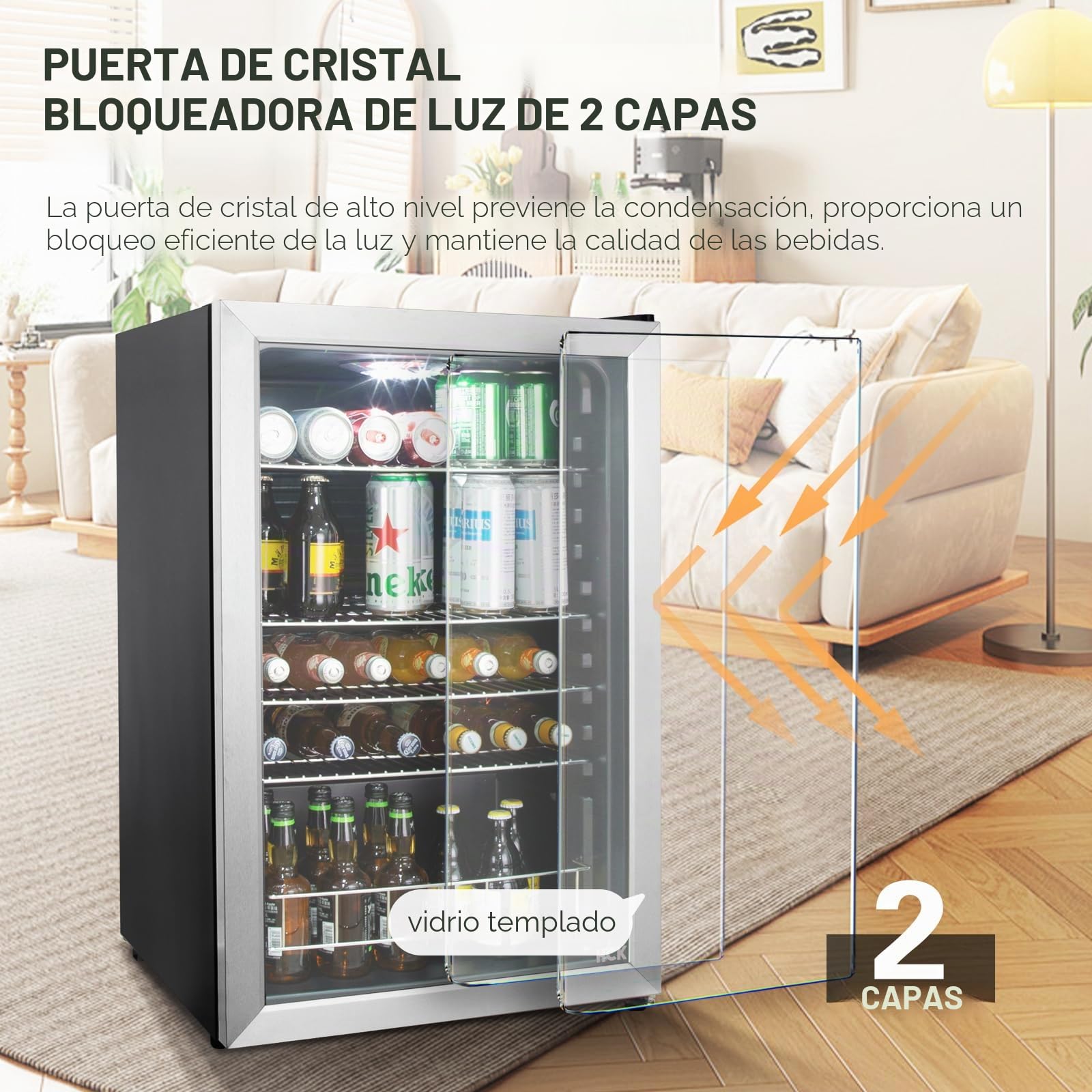 HCK Refrigerador de Bebidas Independiente de 115L con Puerta de Vidrio Doble, Temperatura Ajustable de 0-10℃, 4 Estantes Removibles para Cerveza y Bebidas