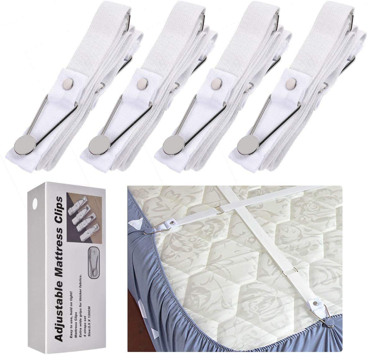 eZAKKAFitted Sheet Clips Adjustable Bed Sheet Grippers Suspenders Straps Corner Holder for Mattress Elastic Cover Fasteners, 4pcs / Set (White, Long Style)