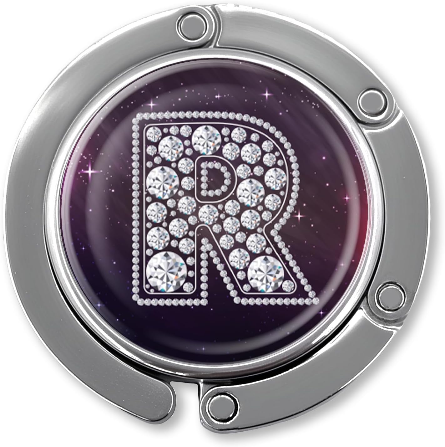 Funny Diamond Initial Purse Hook Gifts - Silver Diamond Letter R - Foldable Purse Holder for Table - Round Handbag Hanger for Women - Birthday Gifts for Family, Coworker, Friend, Boss Lady