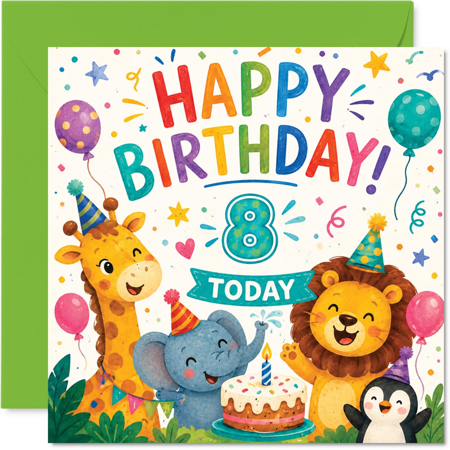 Playful 8th Birthday Card - Bursting with Birthday Cheer - Colourful Safari Animals, Balloons and Cake in a Confetti Party Scene - 145mm Square, Envelope Included
