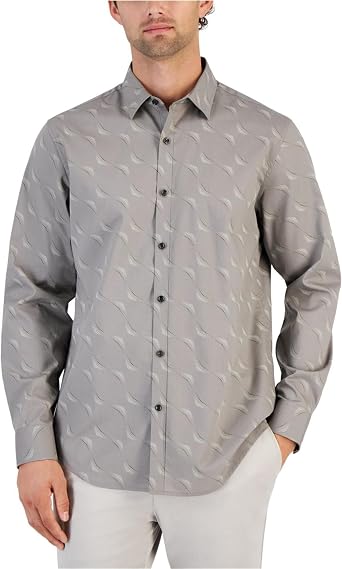 Alfani Mens Dot Wave Print Long Sleeve Button Up Shirt Grey XL