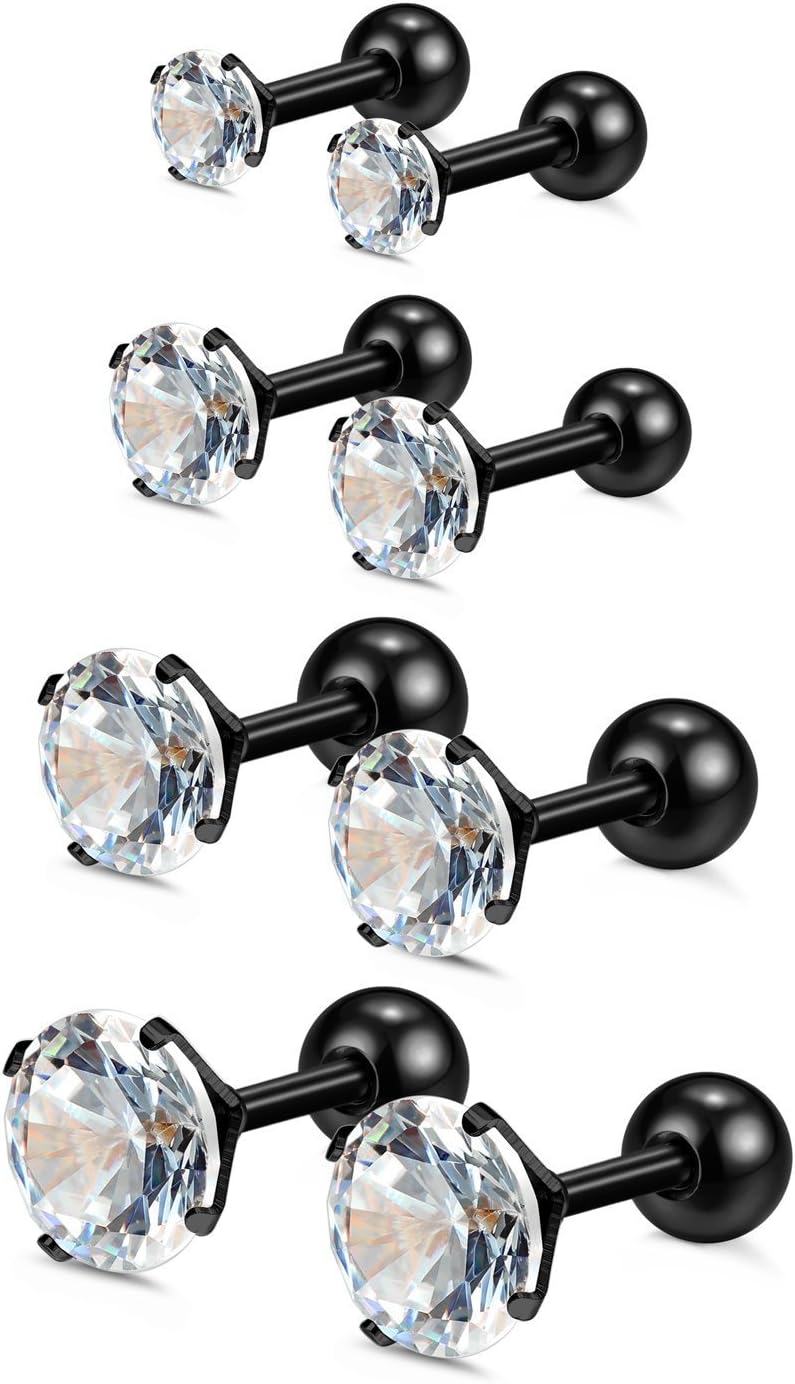 Charisma16G Cartilage Tragus Helix Stud Stainless Steel Barbell Earrings For Women Men Screw Back Piercing Earrings (4 Pairs, 6mm bar length, 3mm-6mm white Cubic Zirconia, black)