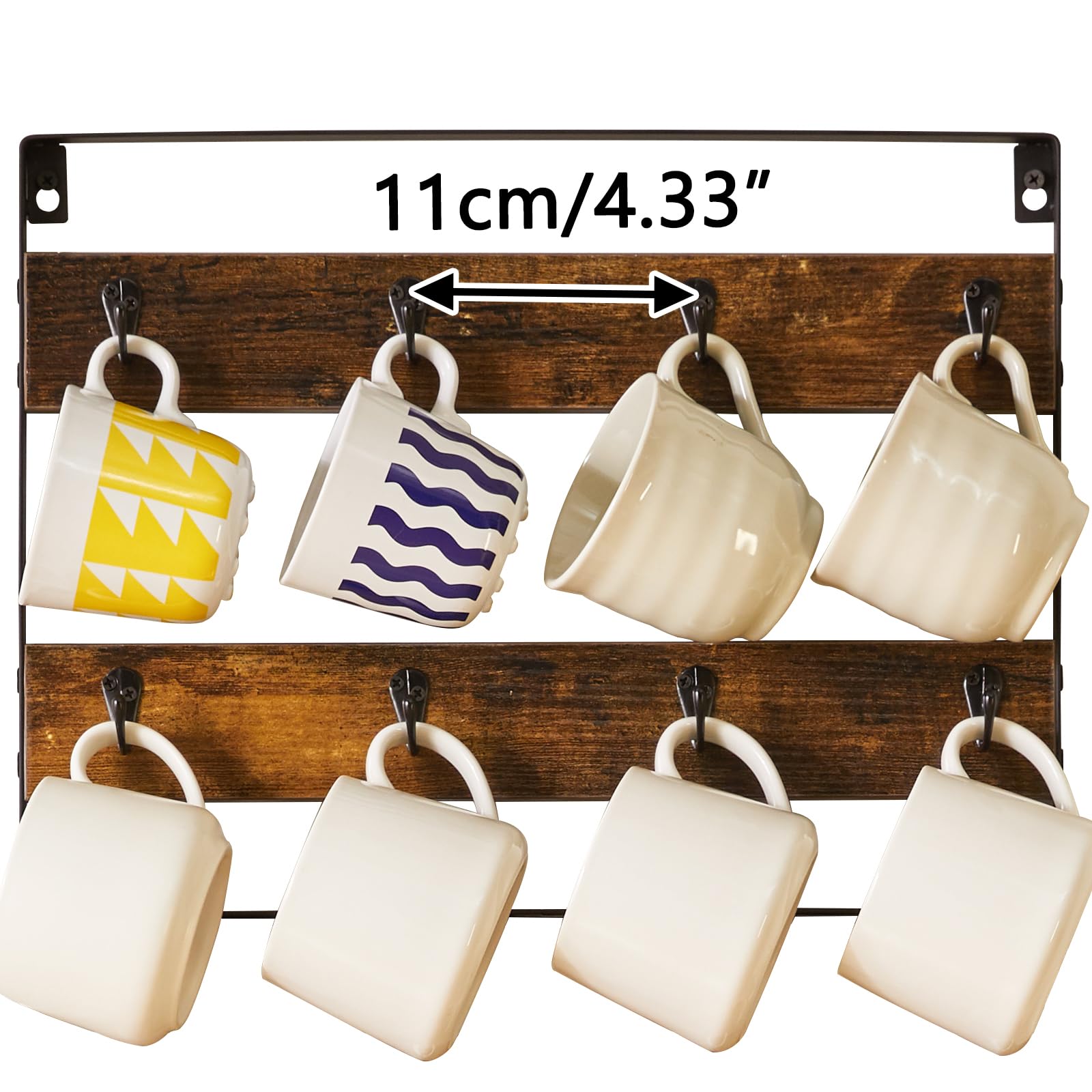 IBUYKE Mug Racks for Wall,Set of 3, 24-Hook Large Coffee Mug Holder Wall Mounted, Rustic Wood Coffee Mug Rack Display Organizer for Kitchen, Home,Bar, Coffee Station,Rustic Brown UTBJ005H-3
