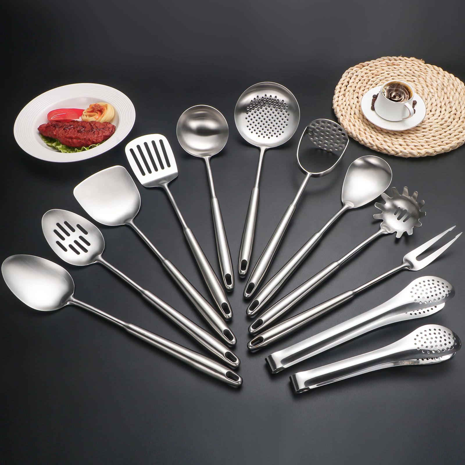 304 Edelstahl-Küchenutensilien-Set, 12-teiliges langes Metall-Kochutensilien-Set mit Pfannenwender, Schöpflöffel, Löffel, Schöpflöffel, Skimmer, Tunner, Nudelheber, Zange (Silber, spülmaschinenfest)