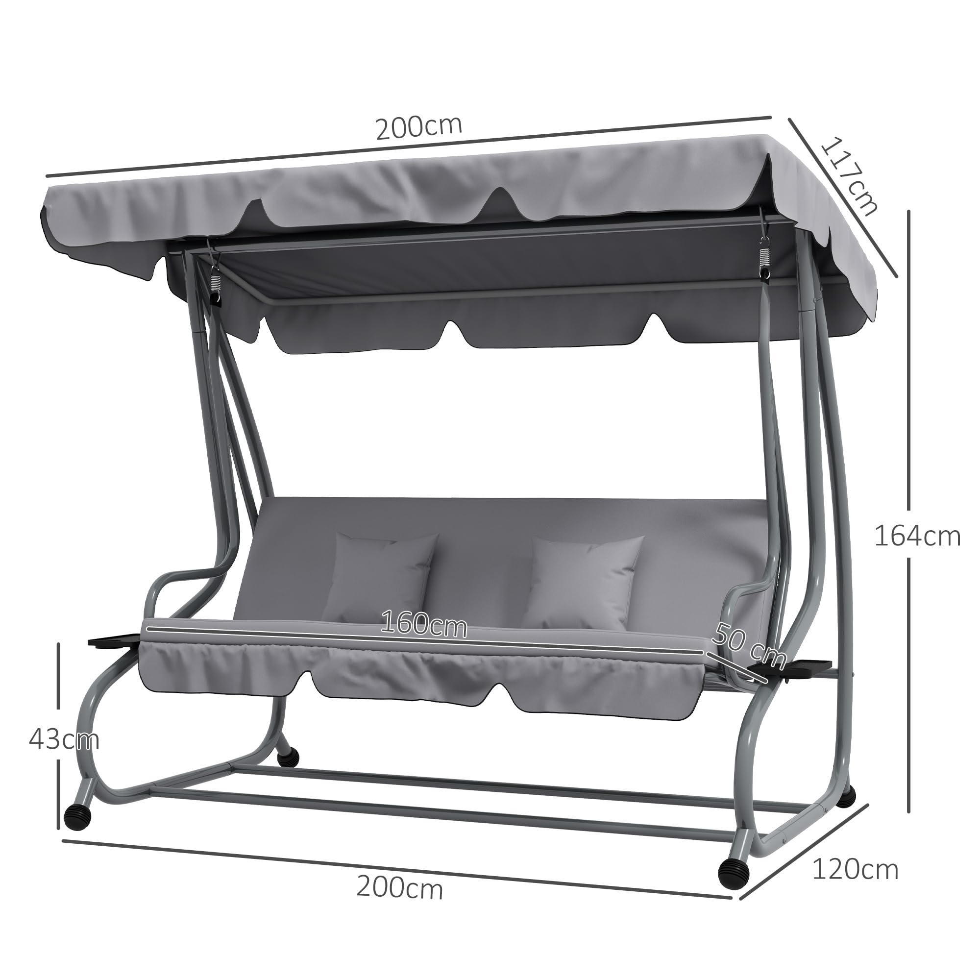 Outsunny Hollywoodschaukel mit Liegefunktion, 3-Sitzer Gartenschaukel mit Verstellbarem Dach, Seitenklapptisch, wasserabweisender Schaukelbank belastbar bis 340kg, für Garten, 200x120x164cm, Hellgrau