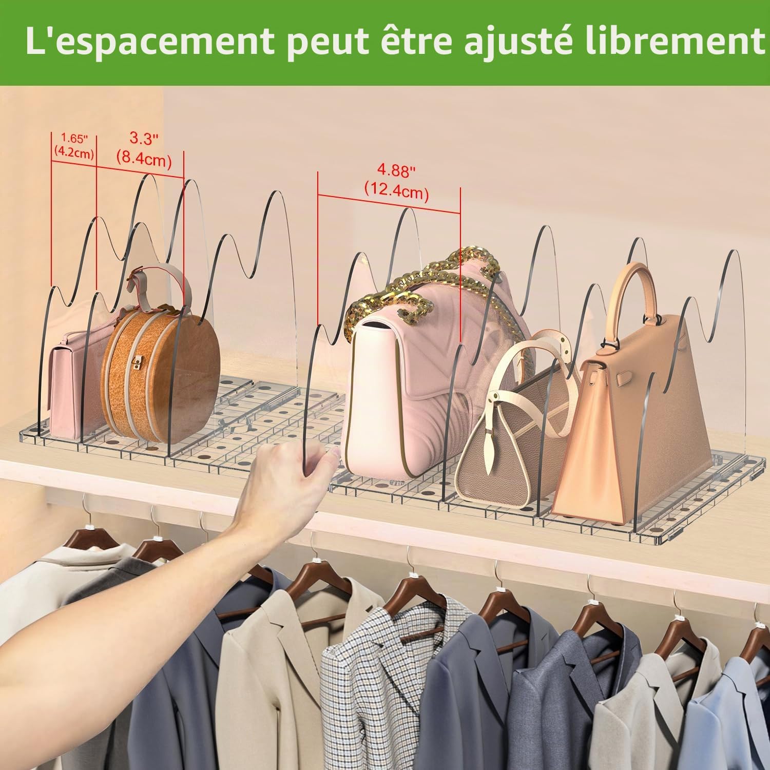 ANTOWIN Lot de 2 supports de sac à main transparents réglables et larges avec base antidérapante pour l'organisation de placard, affichage de sac, affichage de courtoisie