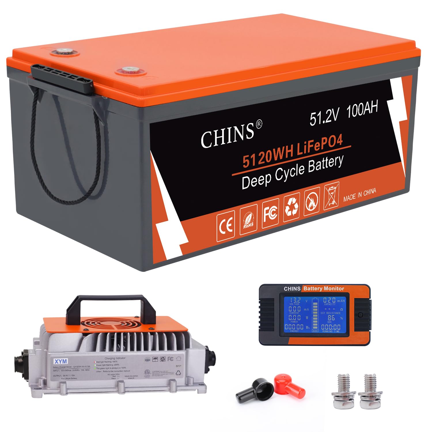 CHINS 48V 100AH Lithium Battery for Golf Cart with 48V 18A Charger, Monitor, Built-in Bluetooth 200A BMS, 48V Golf Cart Battery with 10.24kW Output,