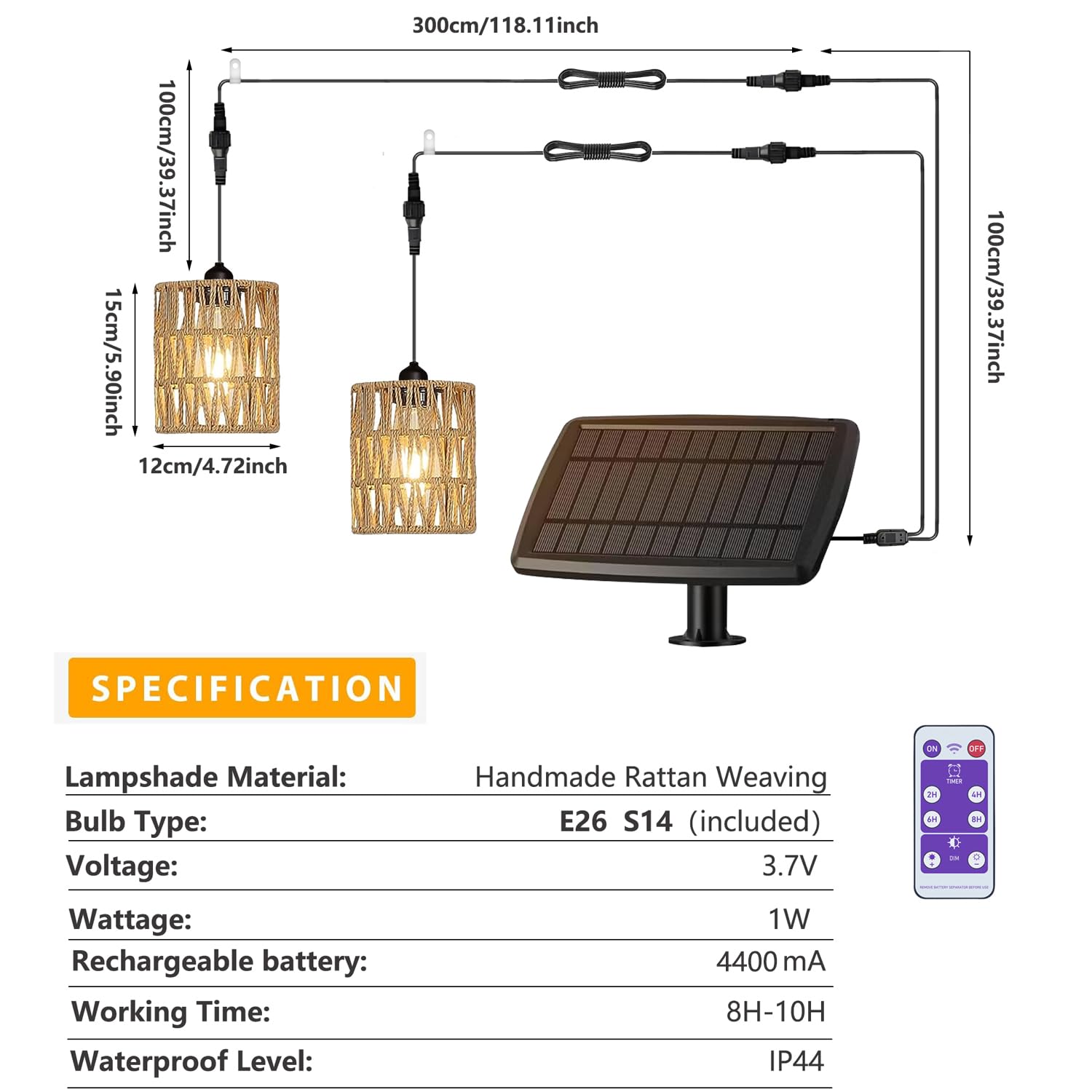 Lampada solare sospesa in rattan per esterni balconi con telecomando, lampada a sospensione per esterni e balconi, senza elettricità, impermeabile, per esterni e campeggio, cavo da 5 m