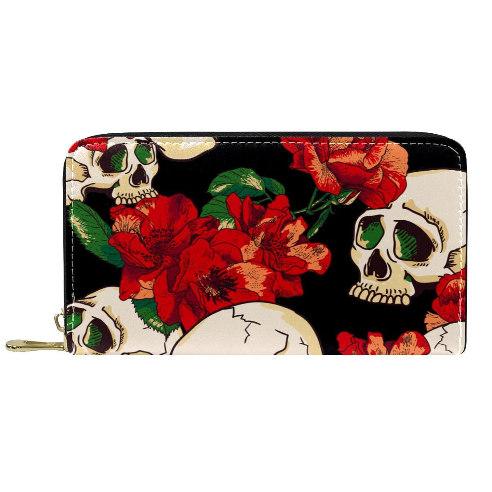 Cartera larga de piel con cierre de calavera con patrón de flores, Varios colores, 20.5x2.5x11.5cm/8.07x1x4.53 in, Classic