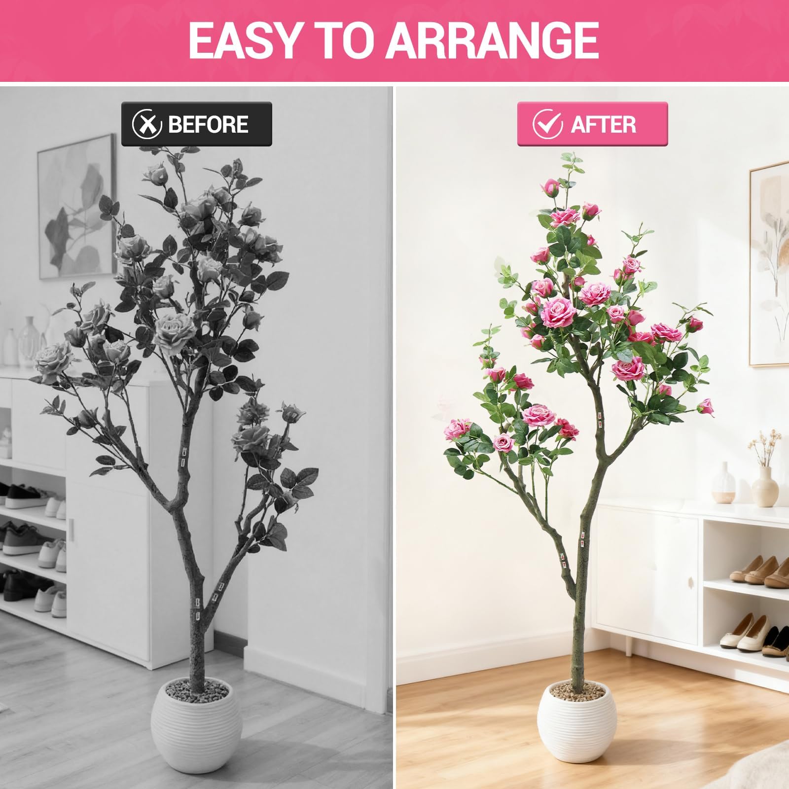 Arbre Artificiel 180 cm avec Pot Blanc Courbé - Faux Jasmin à Fleurs Roses - Décoration Intérieure et Extérieurérieure - Rouille Rosé