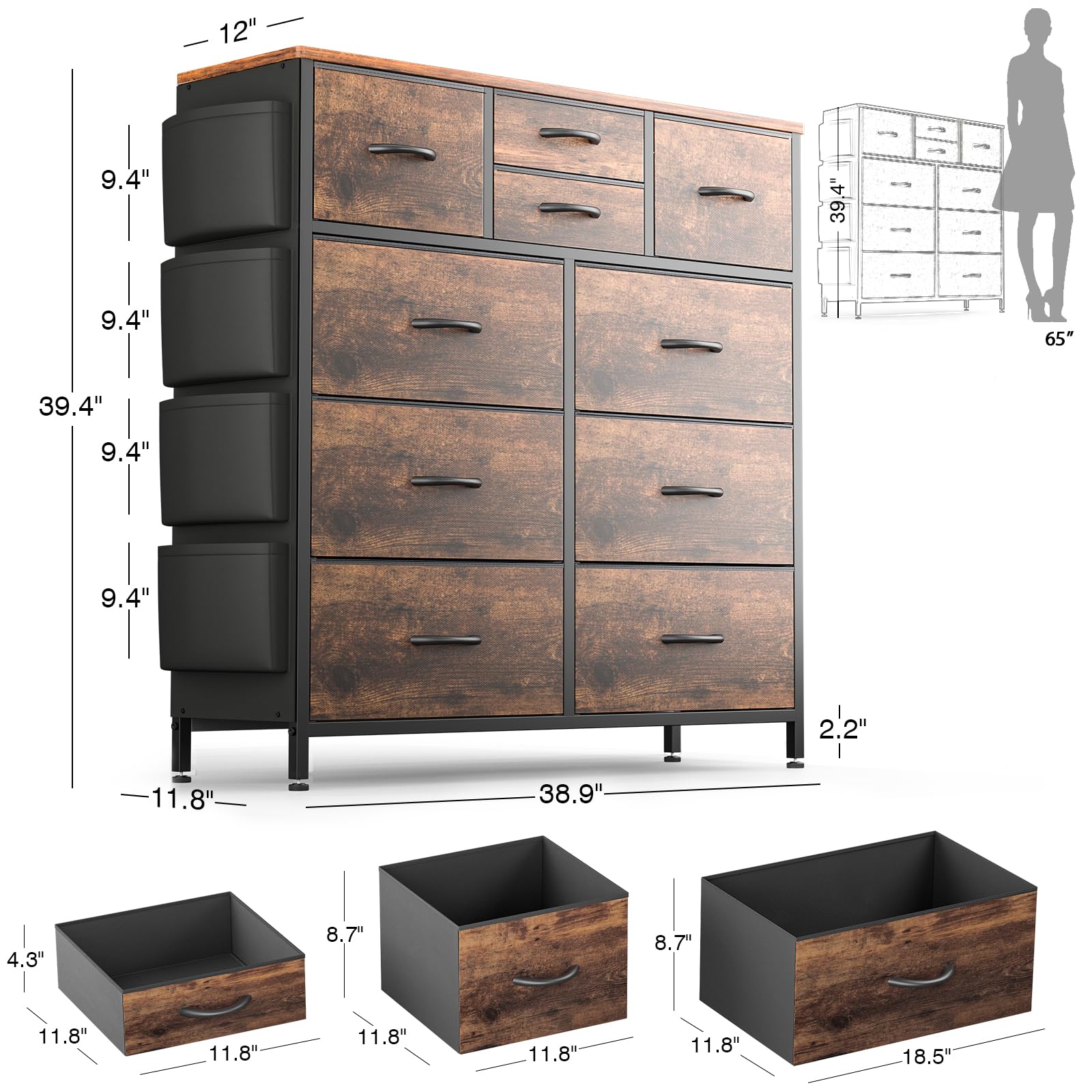 Himusi Dresser for Bedroom with 10 Drawers, Fabric Storage Tower with Side Pockets, Tall Chest of Drawers for Nursery, Hallway, Closets (Rustic Brown)