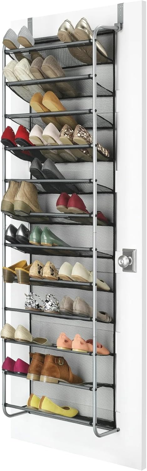 Shoe Rack Mounted on Door, Over the Door Shoe organizer, 12-Tier Metal Hanging Shoe Organizer with Non-Slip Hooks, Space Saving Shoe Rack Gray