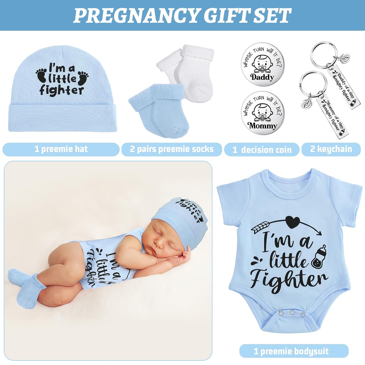Toulite NICU Preemie Baby Gift Set I'm Little Fighter Preemie Baby Hat and Bodysuit Cotton Socks with Keychain Coin (Light Blue)