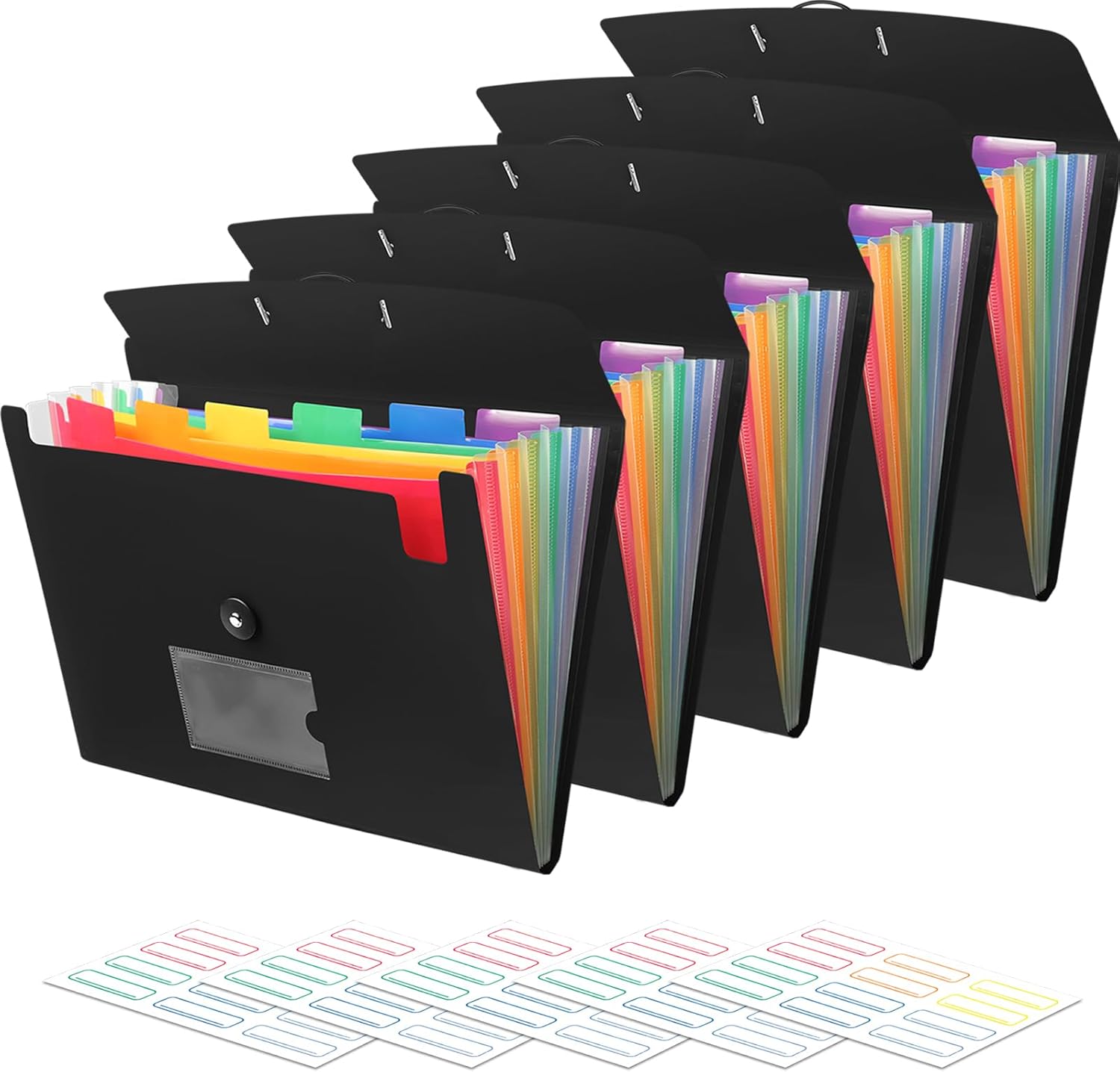 Accordian File Organizer 7 Pocket Expanding File Folder with Labels, Plastic Expandable File Folder for Documents Letter Size A4 Papers - 5-Pack Black