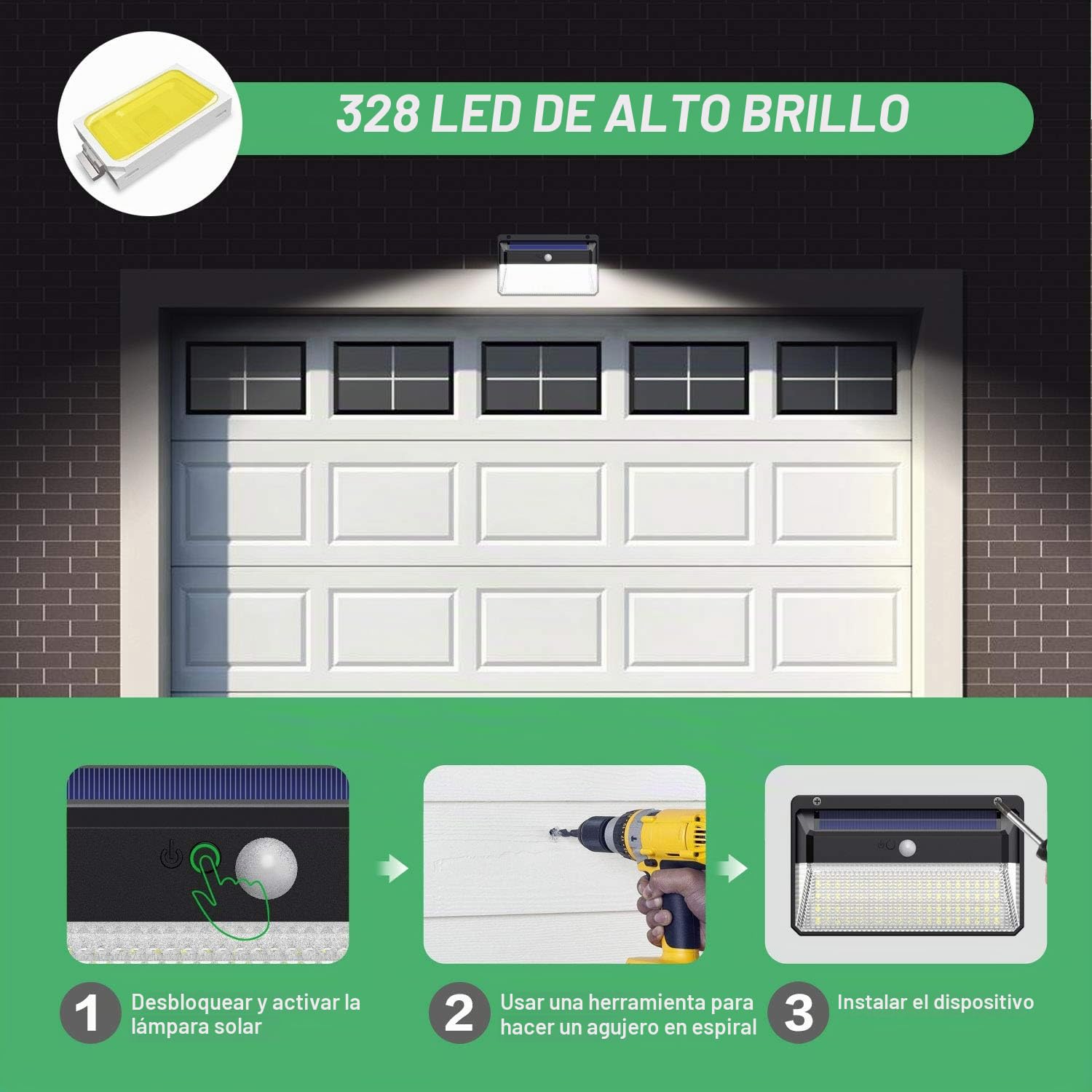 Ekrist Luz Solar Exterior, 328 LED【3000lm-Más Brillante & Amplio Iluminación】 Foco con Sensor de Movimiento, 2500mAh 3 Modos Impermeable Luz para Jardín 2 Paquete