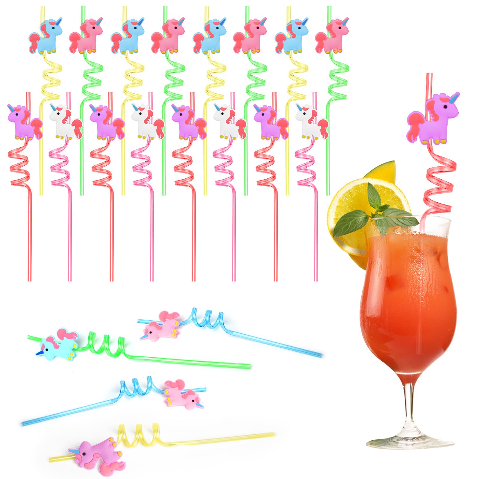 AUAUY Pajitas de plástico, 16 pajitas reutilizables, pajitas de plástico rizadas de unicornio, pajitas de verano para piscina hawaiana para fiestas de cumpleaños, decoración de Navidad, accesorios