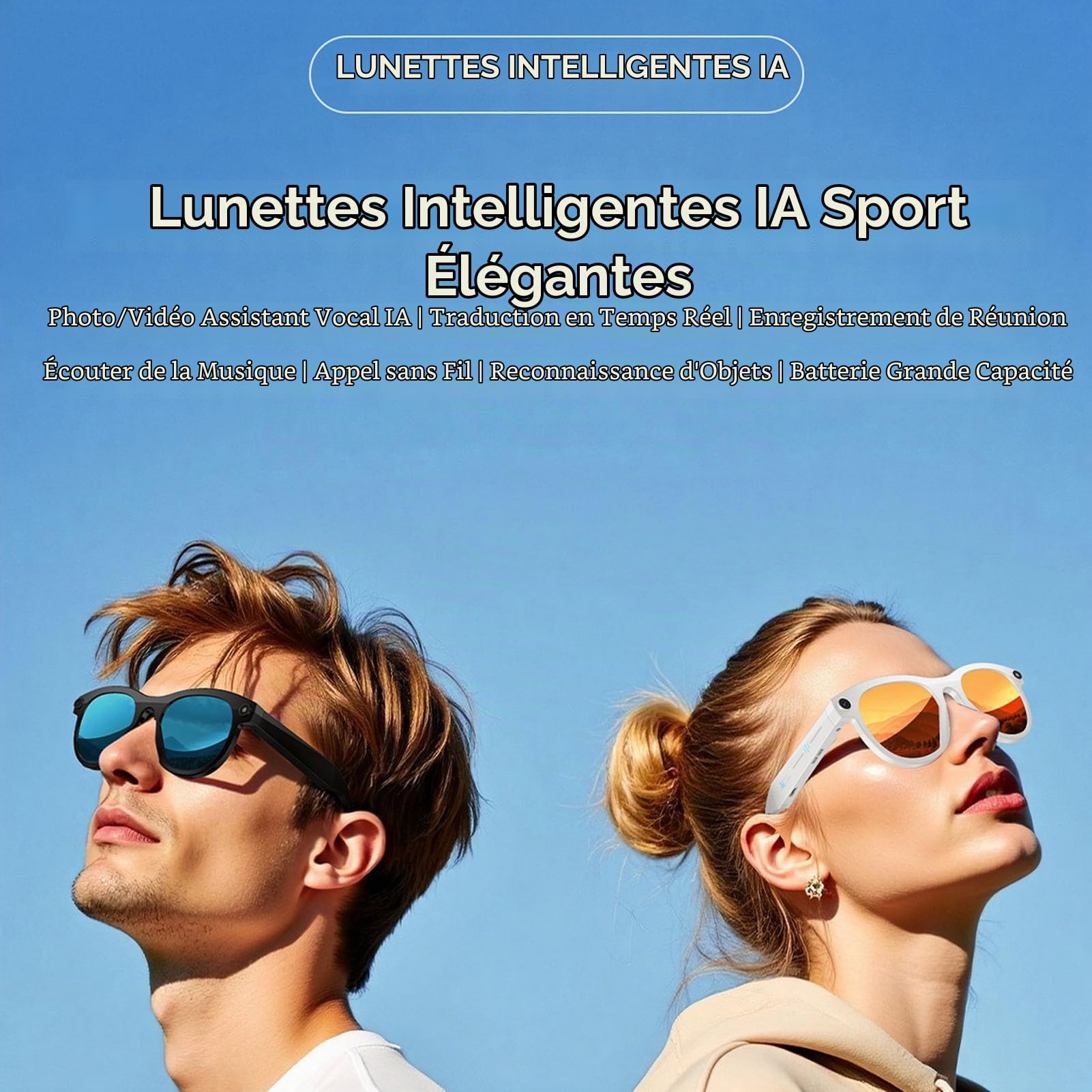 Tosuny Lunettes Intelligentes AI, Caméra 2MP Anti-secousse, Enregistrement Vidéo 1080P, Traduction Multilingue, avec Monture Noire, Lentilles Bleues, pour Les Réunions d'affaires