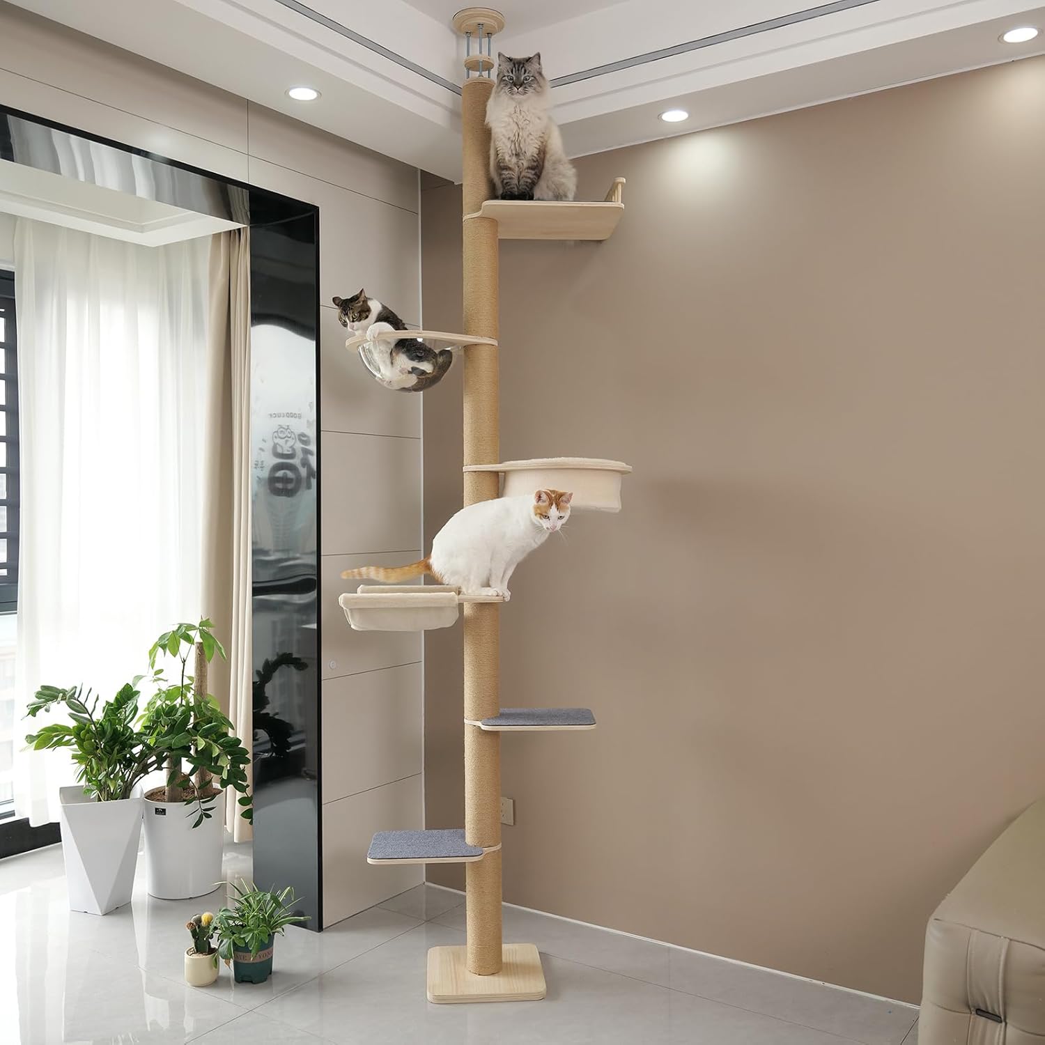 Floor-to-Ceiling Cat Tree Adjustable Height 50-122 Inches 9-Pillar 6-Tier Activity Center with Hammock Sisal Scratching Posts Plush Perches Multi-Level Climbing & Scratching Cat Furniture