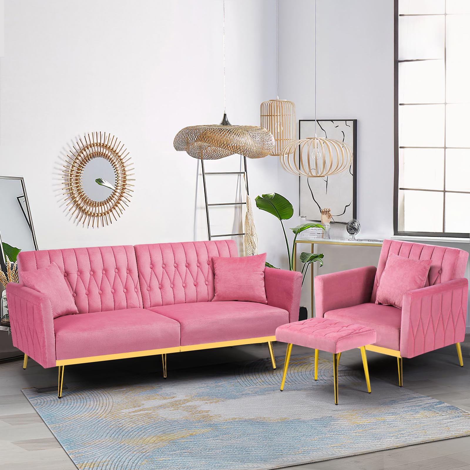 ACMEASE 2 Pieces Velvet Sofa Set with Adjustable Armrest and Backrest, 70” Convertible Futon Sofa Bed & Mordern Accent Chair with Ottoman for Living