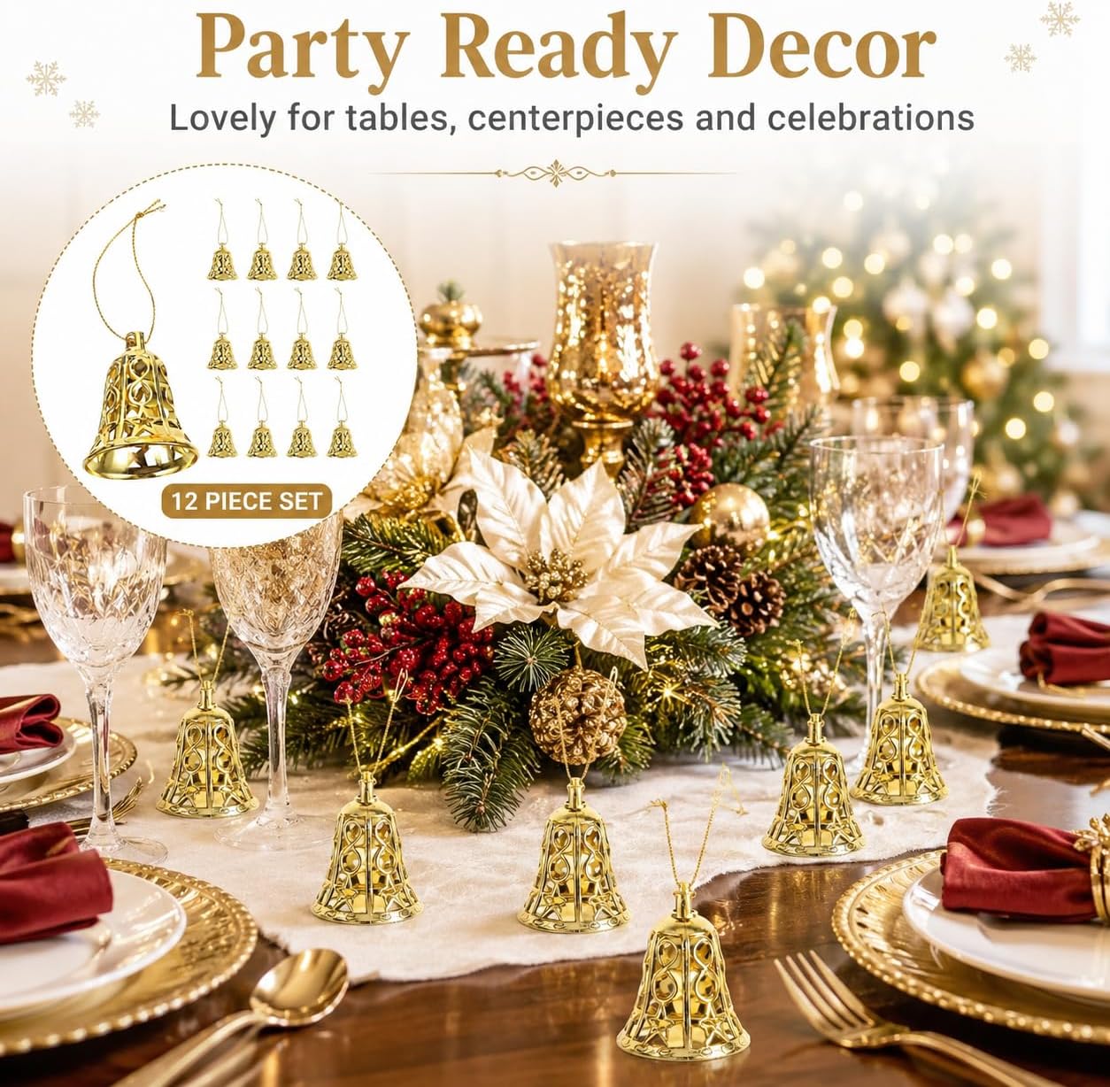 12 Pack Gold Christmas Bell Ornaments, Hanging Bells for Tree Decor
